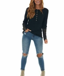 BiBi Black Long Lace Sleeve Ribbed Henley Top