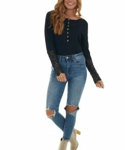 BiBi Black Long Lace Sleeve Ribbed Henley Top