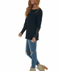 BiBi Black Long Lace Sleeve Ribbed Henley Top