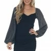 Peach Love Black Long Metallic Threaded Sleeve Mini Dress