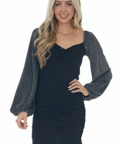 Peach Love Black Long Metallic Threaded Sleeve Mini Dress