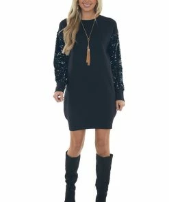 Lush Clothing Black Long Sequin Sleeve Knit Sweater Dress Dresses