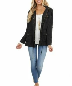 C'est Toi Black Long Sleeve Jacket With Front Pocket Details Outerwear