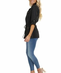 C'est Toi Black Long Sleeve Jacket With Front Pocket Details Outerwear