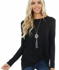 BOMBOM Tops Black Long Sleeve Knit Top With Side Hem Knot Detail