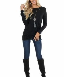 BOMBOM Tops Black Long Sleeve Knit Top With Side Hem Knot Detail