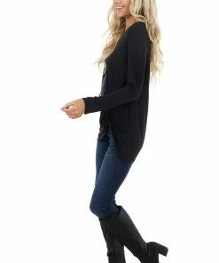 BOMBOM Tops Black Long Sleeve Knit Top With Side Hem Knot Detail