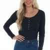 Doe & Rae Black Long Sleeve Ribbed Knit Bodysuit Tops
