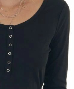 Doe & Rae Black Long Sleeve Ribbed Knit Bodysuit Tops