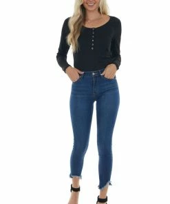 Doe & Rae Black Long Sleeve Ribbed Knit Bodysuit Tops