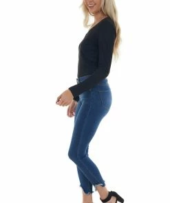 Doe & Rae Black Long Sleeve Ribbed Knit Bodysuit Tops