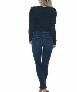 LE LIS Black Long Sleeve Ribbed Knit Ruched Crop Top