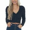 LE LIS Black Long Sleeve Ribbed Knit Ruched Crop Top