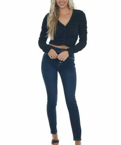 LE LIS Black Long Sleeve Ribbed Knit Ruched Crop Top