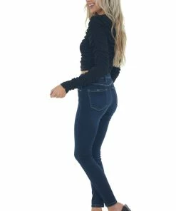 LE LIS Black Long Sleeve Ribbed Knit Ruched Crop Top