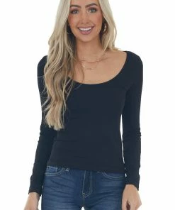 Nikibiki Tops Black Long Sleeve Scoop Neck Ribbed Top