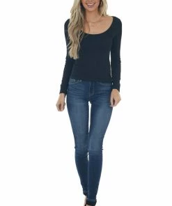 Nikibiki Tops Black Long Sleeve Scoop Neck Ribbed Top