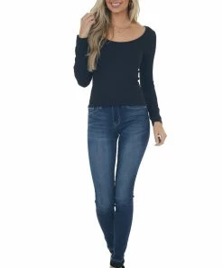 Nikibiki Tops Black Long Sleeve Scoop Neck Ribbed Top