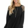 Umgee Tops Black Long Sleeve Top With Leopard Print Detail On Shoulders