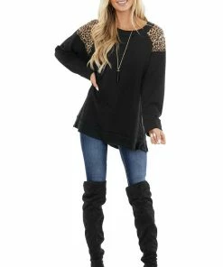 Umgee Tops Black Long Sleeve Top With Leopard Print Detail On Shoulders