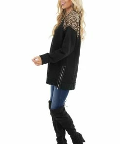 Umgee Tops Black Long Sleeve Top With Leopard Print Detail On Shoulders