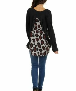 Umgee Tops Black Long Sleeve Waffle Knit Top With Back Leopard Contrast 16 Umgee Tops Black Long Sleeve Waffle Knit Top With Back Leopard Contrast