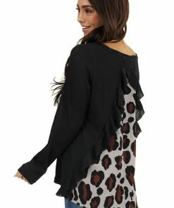 Umgee Tops Black Long Sleeve Waffle Knit Top With Back Leopard Contrast