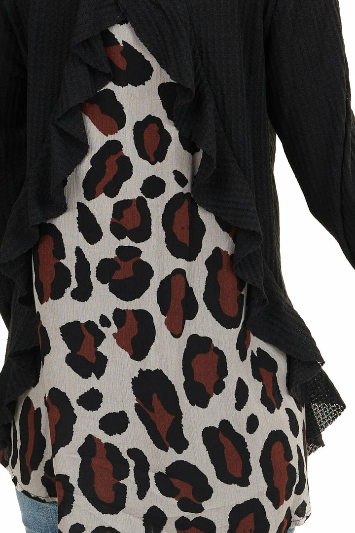 Umgee Tops Black Long Sleeve Waffle Knit Top With Back Leopard Contrast 10 Umgee Tops Black Long Sleeve Waffle Knit Top With Back Leopard Contrast