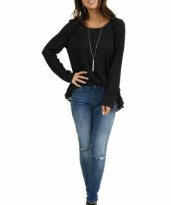 Umgee Tops Black Long Sleeve Waffle Knit Top With Back Leopard Contrast 14 Umgee Tops Black Long Sleeve Waffle Knit Top With Back Leopard Contrast