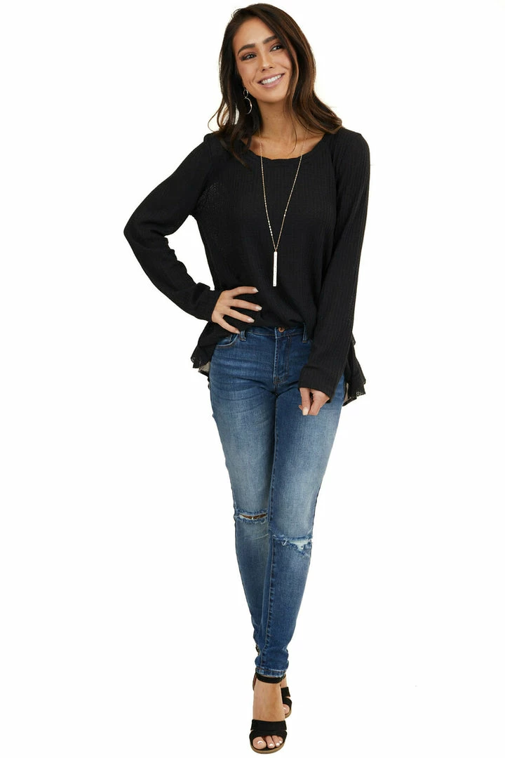 Umgee Tops Black Long Sleeve Waffle Knit Top With Back Leopard Contrast 7 Umgee Tops Black Long Sleeve Waffle Knit Top With Back Leopard Contrast