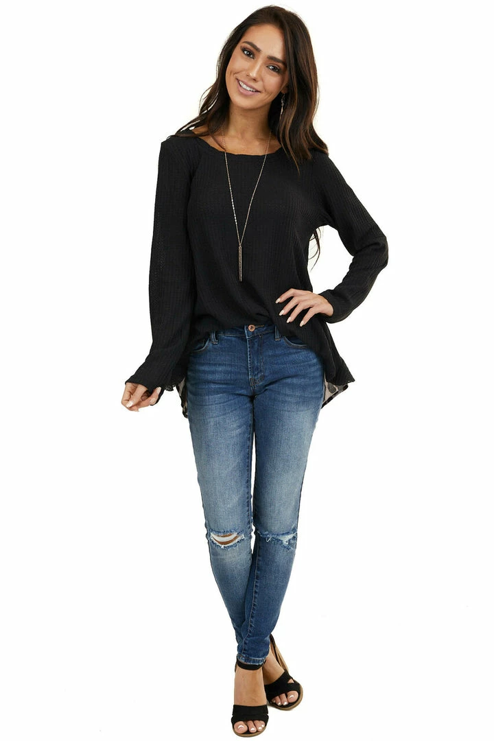 Umgee Tops Black Long Sleeve Waffle Knit Top With Back Leopard Contrast 6 Umgee Tops Black Long Sleeve Waffle Knit Top With Back Leopard Contrast