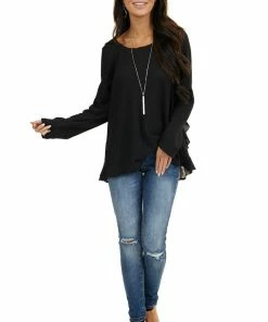 Umgee Tops Black Long Sleeve Waffle Knit Top With Back Leopard Contrast 12 Umgee Tops Black Long Sleeve Waffle Knit Top With Back Leopard Contrast