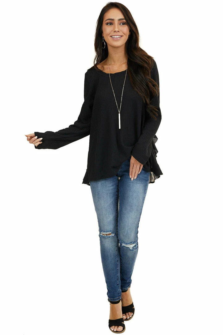 Umgee Tops Black Long Sleeve Waffle Knit Top With Back Leopard Contrast 5 Umgee Tops Black Long Sleeve Waffle Knit Top With Back Leopard Contrast