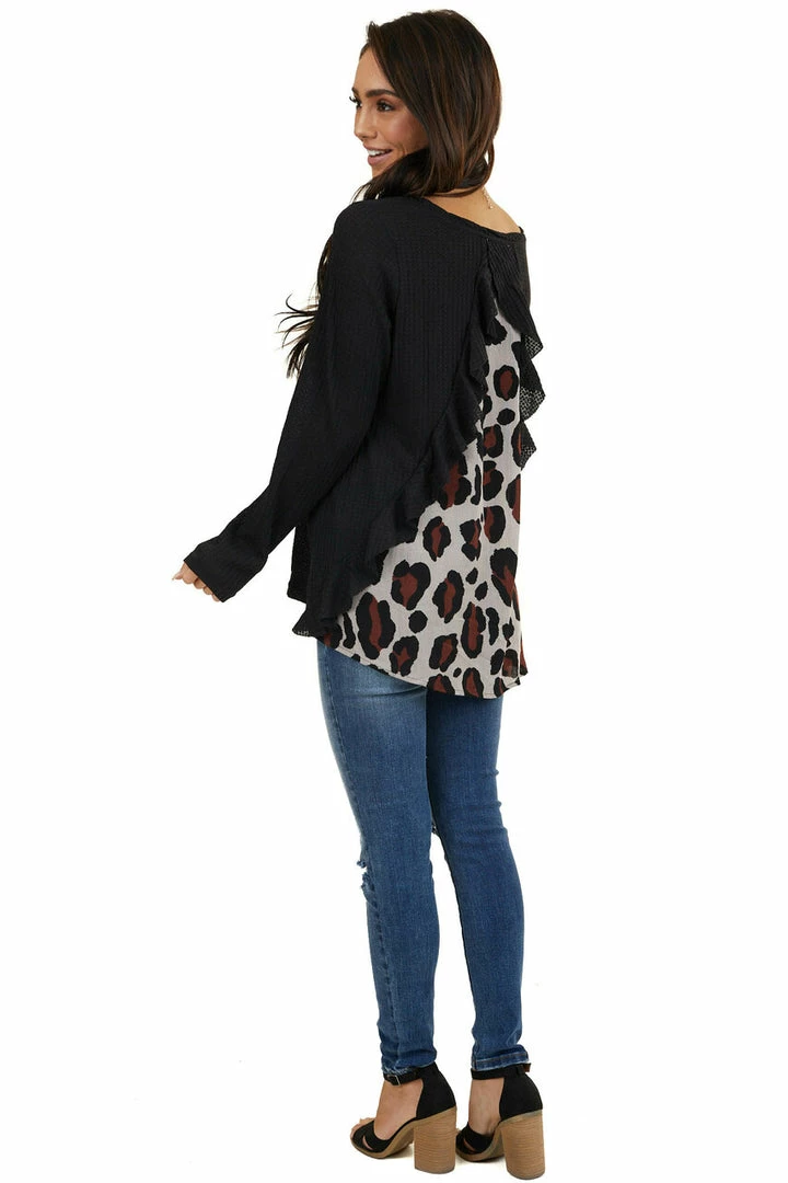 Umgee Tops Black Long Sleeve Waffle Knit Top With Back Leopard Contrast 8 Umgee Tops Black Long Sleeve Waffle Knit Top With Back Leopard Contrast