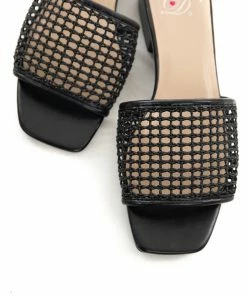 FORTUNE DYNAMIC Black Loose Woven Strap Slip On Sandals With Low Heel