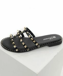 Shoe Shoe Train Black Low Heel Sandals With Gold Stud And Bead Details