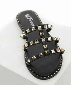 Shoe Shoe Train Black Low Heel Sandals With Gold Stud And Bead Details
