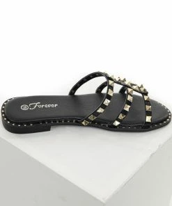 Shoe Shoe Train Black Low Heel Sandals With Gold Stud And Bead Details