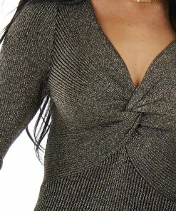 Flying Tomato Dresses Black Metallic Ribbed Knit Mini Bodycon Dress