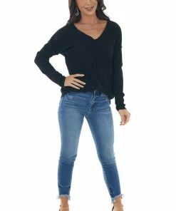 143 Story Black Metallic Thread Exposed Seam Knit Top