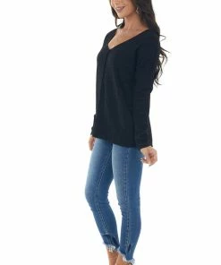 143 Story Black Metallic Thread Exposed Seam Knit Top