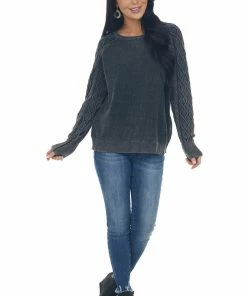 BiBi Tops Black Mineral Wash Raglan Sleeve Sweater