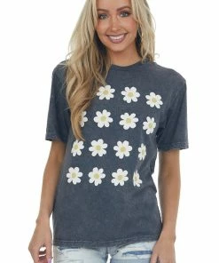 Lotus Fashion Black Mineral Washed Daisy Print Graphic Tee