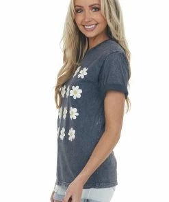 Lotus Fashion Black Mineral Washed Daisy Print Graphic Tee