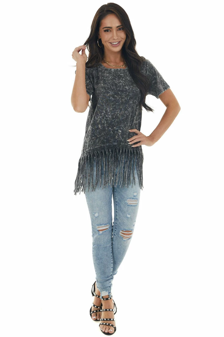 BiBi Black Mineral Washed Short Sleeve Knit Top With Fringed Hem Tops 4 BiBi Black Mineral Washed Short Sleeve Knit Top With Fringed Hem Tops