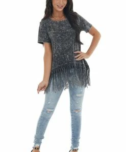 BiBi Black Mineral Washed Short Sleeve Knit Top With Fringed Hem Tops 20 BiBi Black Mineral Washed Short Sleeve Knit Top With Fringed Hem Tops