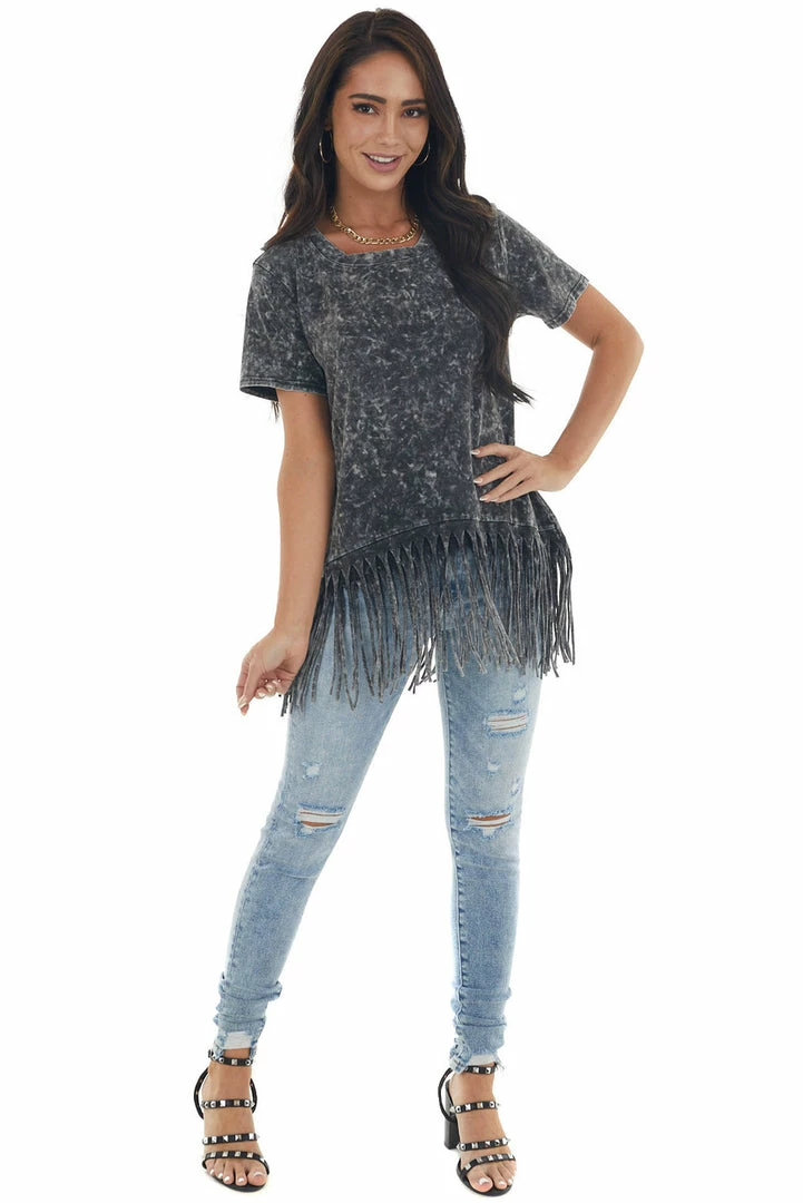 BiBi Black Mineral Washed Short Sleeve Knit Top With Fringed Hem Tops 5 BiBi Black Mineral Washed Short Sleeve Knit Top With Fringed Hem Tops