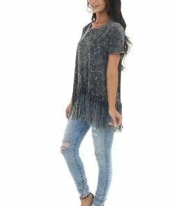 BiBi Black Mineral Washed Short Sleeve Knit Top With Fringed Hem Tops 23 BiBi Black Mineral Washed Short Sleeve Knit Top With Fringed Hem Tops