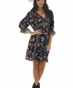 Umgee Black Mixed Floral Print V Neck Short Dress Dresses