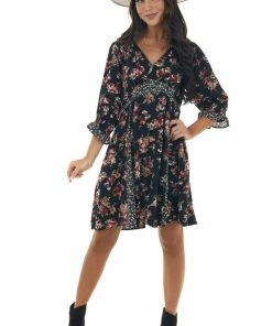 Umgee Black Mixed Floral Print V Neck Short Dress Dresses